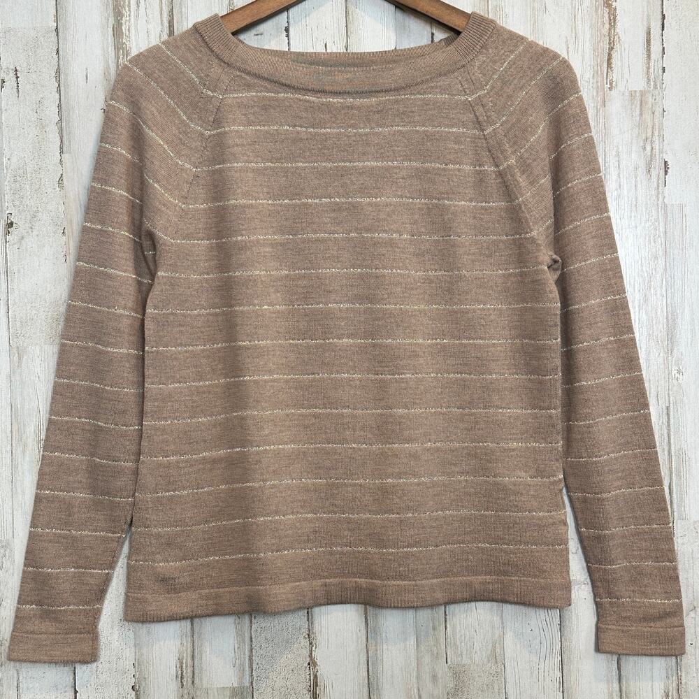 Banana Republic Fine Merino Wool Sweater Large Tan Gold Stripe Quiet Luxury EUC